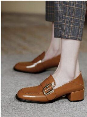 YDN Brown Square Toe Heeled Loafers Slip on Block Low Heel Pumps Buckle Shoes